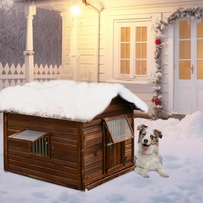 Durable Weatherproof Pine Wood Dog House Outdoor for Small to Large Sized Dogs,Luxury Outdoor Dog Kennel Shelter with Elevated Floor,Lockable Door,Adjust Windows,Easy to Clean,Easy to Assemble