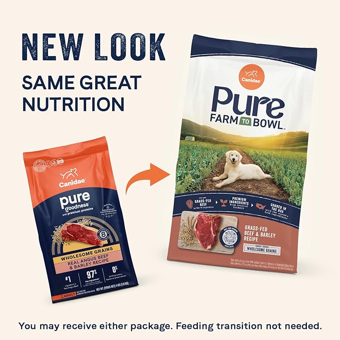 CANIDAE Pure Farm to Bowl Grass-Fed Beef & Barley Dry Dog Food, Adult, 22lb
