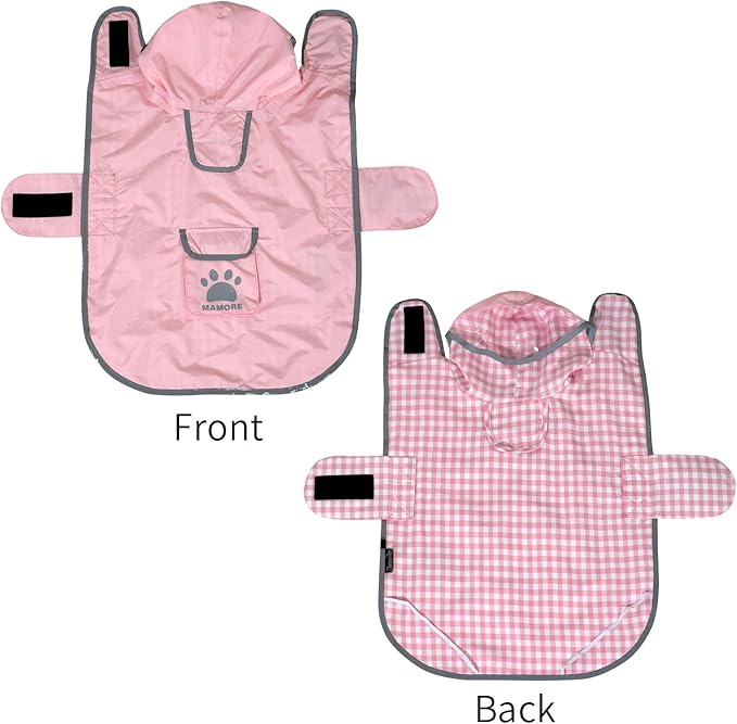 MAMORE Dog Raincoat Reversible,Waterproof Dog Rain Coat Hooded Slicker Poncho with Reflective Strip, Plaid Double Layer Rain Jacket for Small Medium Large Dogs (Pink, Small)
