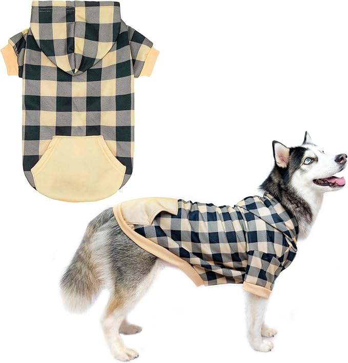 KOOLTAIL Plaid Dog Hoodie Pet Clothes Sweater with Hat and Pocket for Small Medium Large Size Dogs, Soft Winter Warm Dog Cold Weather Coat, Fleece Fall Dog Hooded Sweatshirt for Puppy Cats, Beige XL