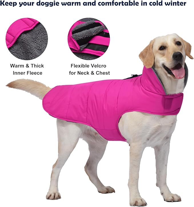 Dog Winter Coat, Waterproof Dog Jacket with Leash Hole, Reflective Adjustable Pet Snow Vest, Warm Fleece Sweater for Small Medium Large Dogs - Pink, XS