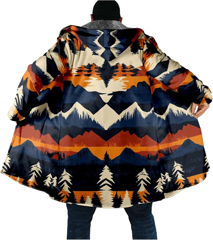 Mens Aztec Print Hoodie Heavyweight Cotton Fleece Jacket Zip Up Warm Long Sleeve Hooded Winter Midi Coat