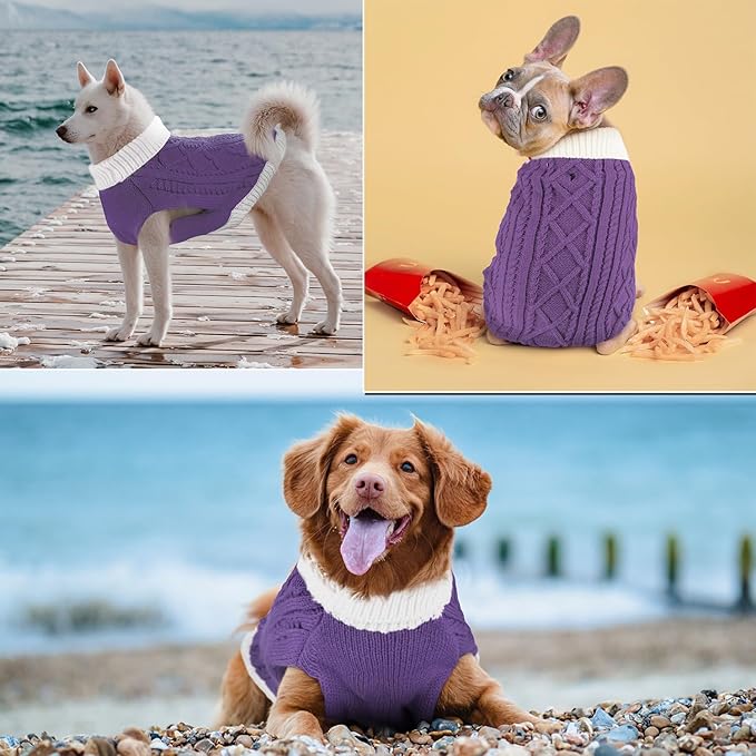 Small Dog Sweaters with Leash Hole Turtleneck Dog Sweaters Knitwear Boys Girls Warm Soft and High Stretch Pet Clothes for Fall Winter，Pet Shirts for Kitten Puppy Purple Small