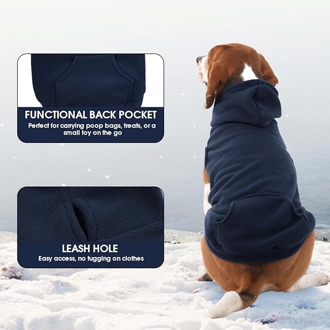 IECOii XXL Dog Hoodie for Large Dogs, Fleece Dog Sweatshirt for Large Breed Male Female Dogs,Pet Pouch Hoodie Winter Sweater Coat with Leash Hole, Warm & Lightweight Outfit for Pitbull, Blue, 2XL