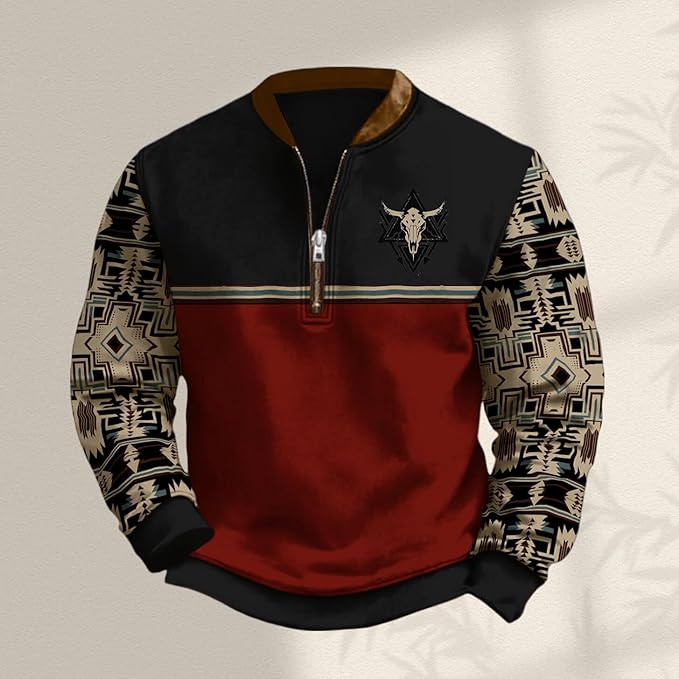 HOTYD Aztec Cowboy Jacket Men Vintage Bullhorn Printed Oversized Western Sweatshirt Long Sleeve Quarter Zip Pullover