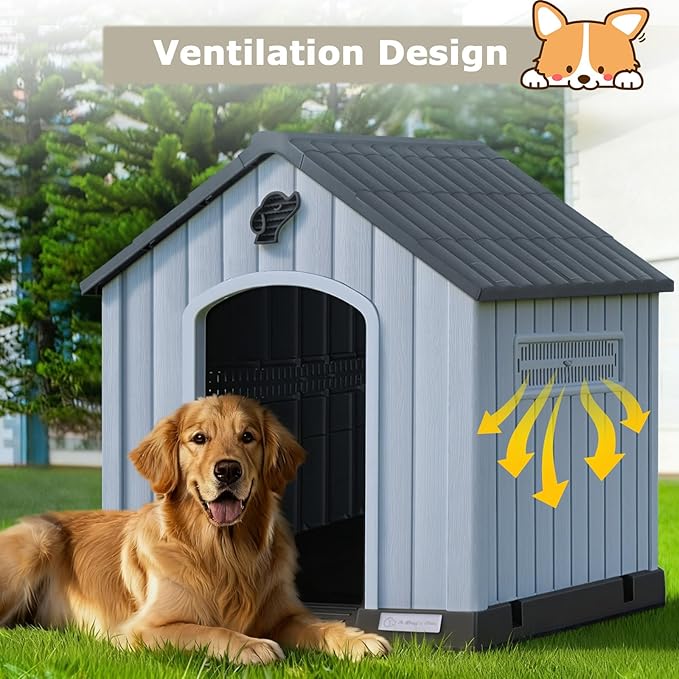 PUKAMI Large Dog House Outdoor Indoor, Plastic Dog House Weatherproof for Large Dogs, Study Puppy Shelter with Air Vents and Elevated Floor, Easy Clean and Assemble (Grey, 36.81"D x 38.7"W x 39.1"H)