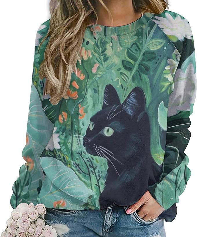 Long Sleeve Shirts for Women Cat Oil Painting Shirt 3D Graphic Sweatshirts Fall Pullover Crewneck Vintage Boho Tops