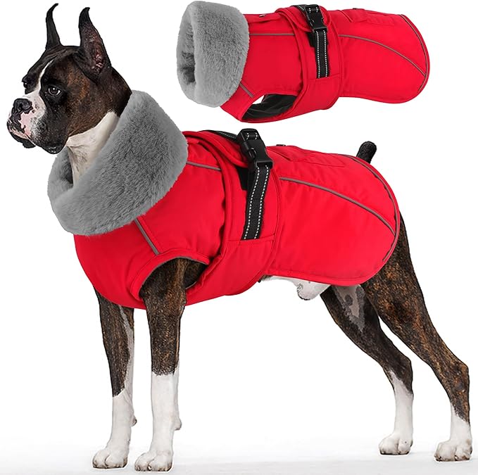 Dogcheer Dog Coat with Pocket, Waterproof Dog Jacket with Adjustable Buckle, Reflective Puppy Winter Coat Warm Turtleneck Fleece SnowJacket for Small Medium Large Dogs - Red M