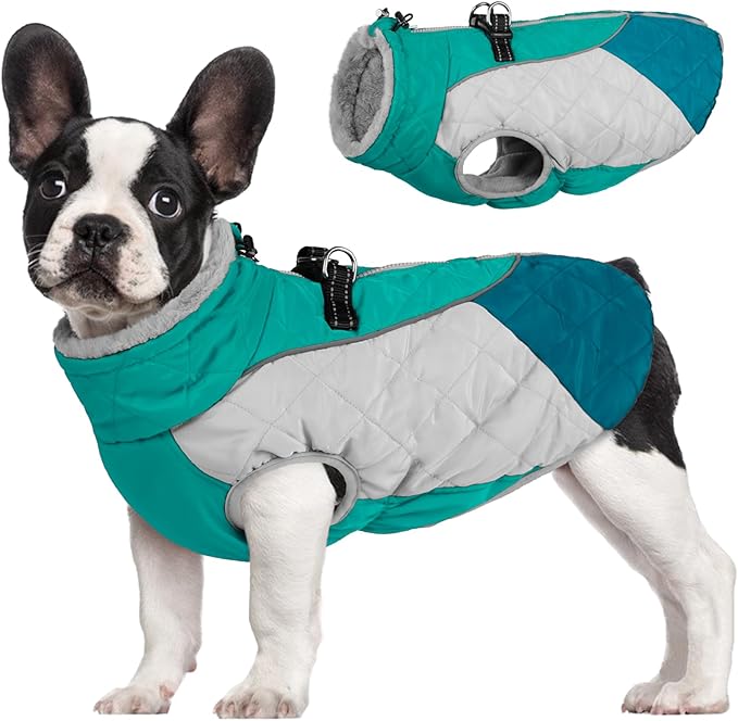 AOFITEE Dog Coat, Dog Winter Coat, Reflective Small Dogs Jacket with Harness Built in and Fleece Lined, Waterproof Pet Winter Jacket Warm Snowsuit for Small Medium Large Dogs, Green XS