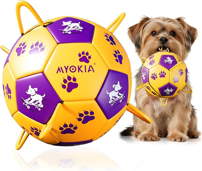 Size 2 Dog Soccer Ball with Straps Durable Training Ball for Pets Interactive Outdoor Dog Toy,Yellow & Purple, Paw and Puppy Design, for Small & Medium Puppie