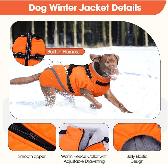 BRKURLEG Dog Winter Jackets for Small Dogs, Dog Coat with Harness Built in, Dogs Snowsuits with Zipper, Waterproof Windproof Pet Puffer Jacket Fleece Vest for Shih Tzu, Maltese, Orange S