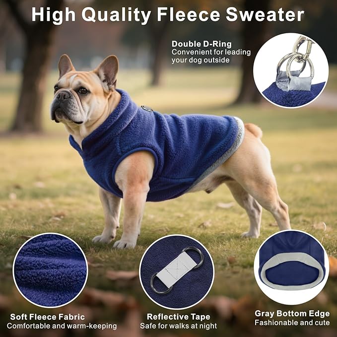 Idepet 2 Pack Dog Fleece Vest Sweater Warm Pullover Jacket with D-Ring Leash Reflective Winter Coat Hoodie for Puppy Cat French Bulldog Pug Chihuahuas Yorkies Dachshunds(Black&Blue,X-Small)