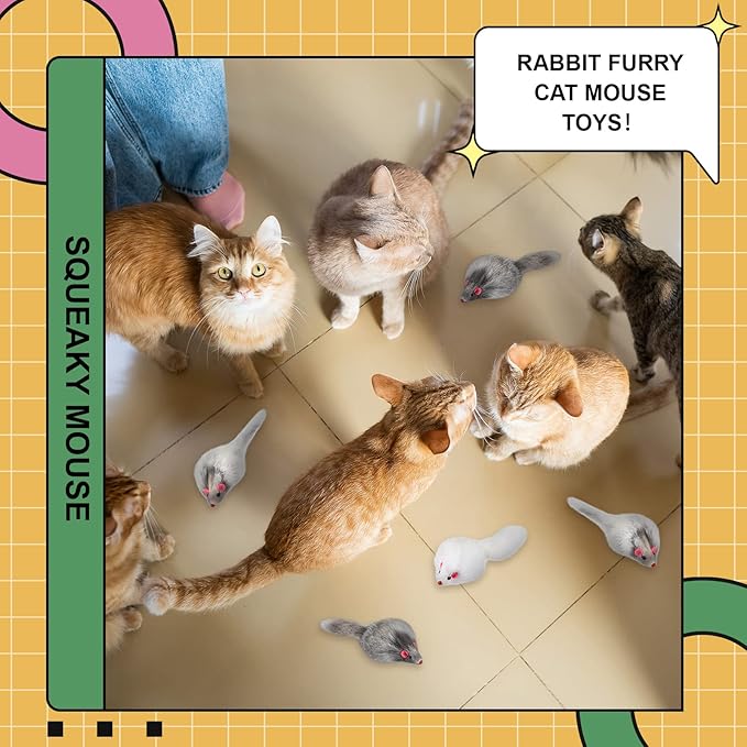 Hungdao 60 Pcs Furry Mice Interactive Catch Play Rabbit Fur Mouse Cat Toy Rattle Sound Rat Plush for PET Cats and Kittens, 3 Colors(White, Black, Gray)