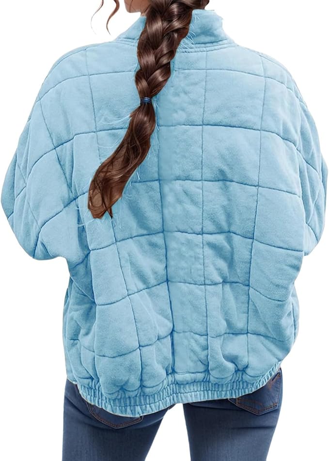 LIZALIG Warm Padded Coat for Women Full Zip Quilted Jackets Winter Oversized Causal Solid Color Stand Collar Pockets Coat