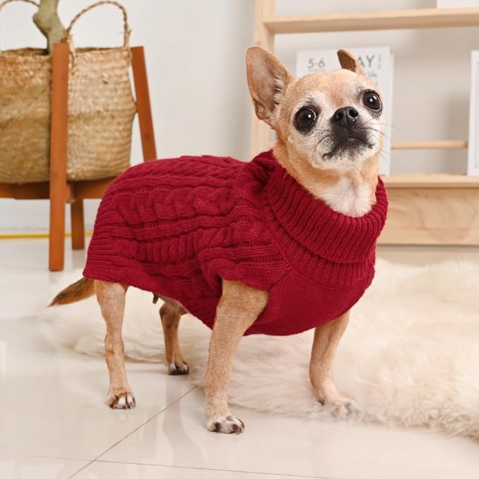 2 Pack Dog Sweaters for Small Dogs Turtleneck Pullover Cable Knit Puppy Stretch Clothes Chihuahua Yorkie Pomeranian Toy Poodle Boy Girl Pets Winter Doggie Clothes (XS, Red & Green)