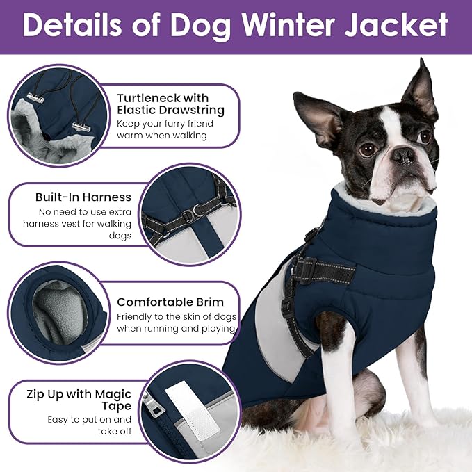 SUNFURA Dog Jacket, Large Dog Coat with Harness Built in, Warm Pet Winter Jacket Zippered Snow Coat with Furry Collar, Waterproof Fleece Snowsuit for French Bulldog, Navy Blue L