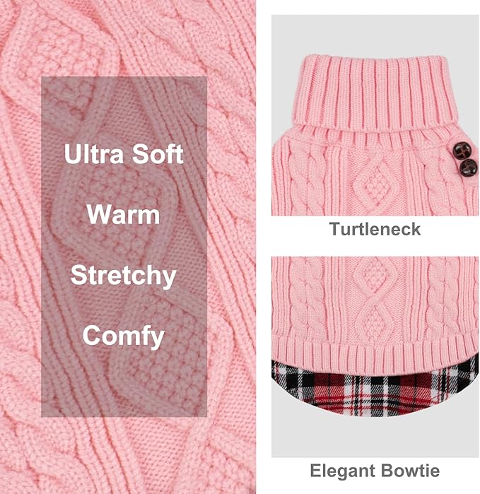 KYEESE Dog Sweater Stretchy Knitwear Pet Coat for Fall Winter Cold Weather Soft Pullover Dog Sweaters for Medium Dogs Girl Warm Turtleneck Medium Dogs Sweater with Gingham Patchwork