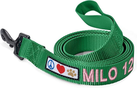 Pawtitas Personalized Dog Leash - Embroidered Custom Leash with Pet Name & Phone Number, 6 ft Long, Small, Lush Green
