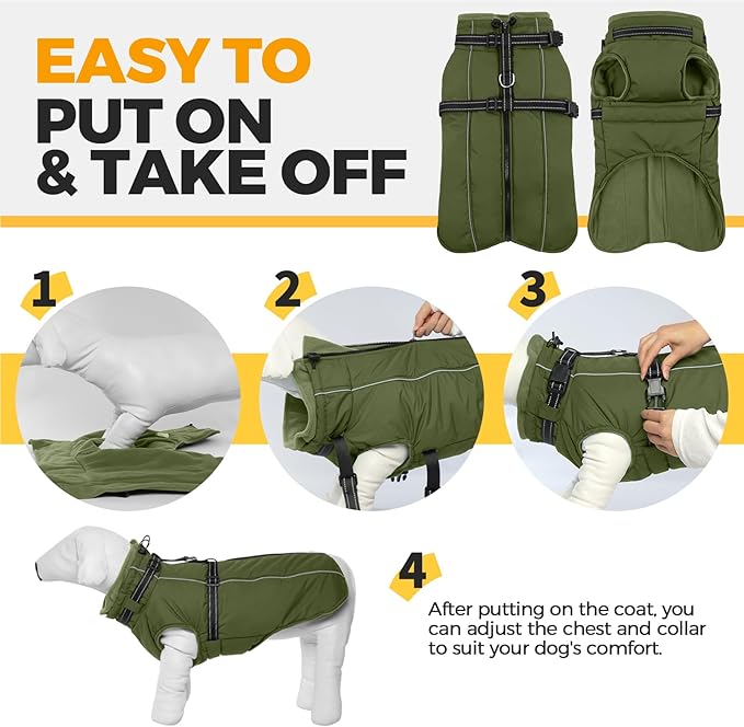 Lelepet Dog Coat for Large Dogs Waterproof Dog Jacket with Harness Built in Reflective Fleece Jacket with Zip Warm Winter Coats for Dogs Thermal Pet Snowsuit for Outdoor, Border Collie, Army Green, XL