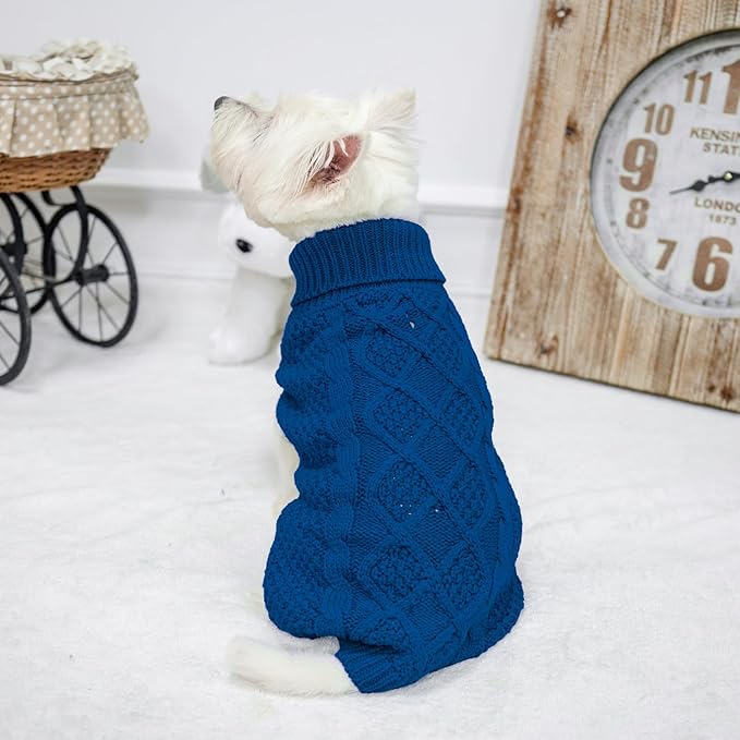 Mihachi Turtleneck Dog Sweater - Winter Coat Apparel Classic Cable Knit Clothes with Leash Hole for Cold Weather, Ideal Gift for Pet in New Year Royal Blue Small/Medium