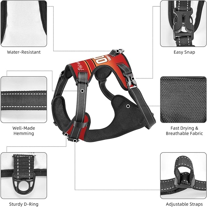 Custom Tampa Bay Dog Harness with Reflective Stripes Personalized Name and Number Dog Vest Harness with Pet Traction Rope for Small Medium Large Dog