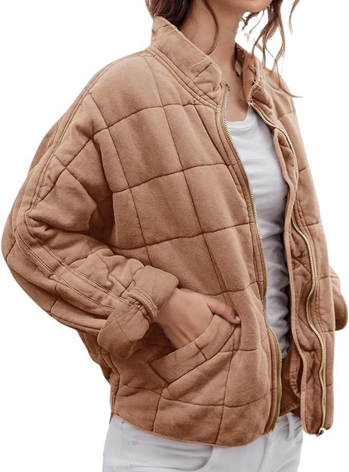 LIZALIG Warm Padded Coat for Women Full Zip Quilted Jackets Winter Oversized Causal Solid Color Stand Collar Pockets Coat