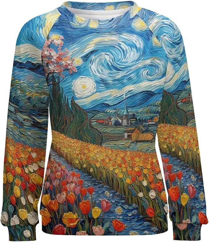 Long Sleeve Shirts for Women Cat Oil Painting Shirt 3D Graphic Sweatshirts Fall Pullover Crewneck Vintage Boho Tops