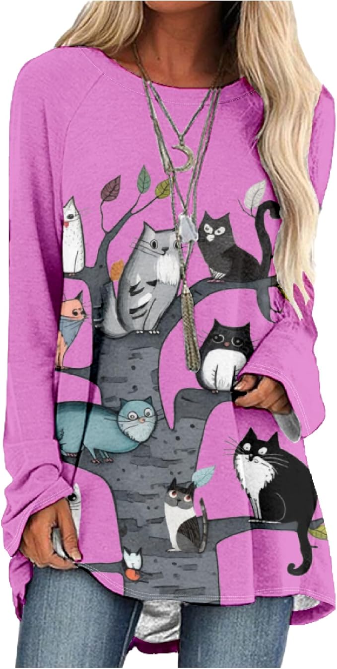 Womens Tunic Shirt Cute Cat Print Long Sleeve Round Neck Women T Shirts Cotton Casual Plus Size Vacation Tunics Tops