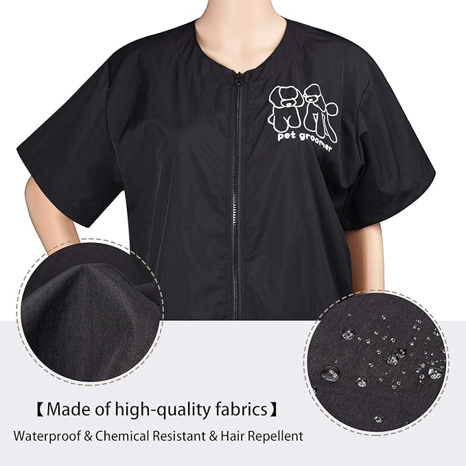Noverlife Short Sleeves Pet Grooming Work Clothes with Full Zipper, M Size, Splash Proof Anti-Static Pet Beautician Smock, Dog Cat Groomer Cosmetologist Uniforms