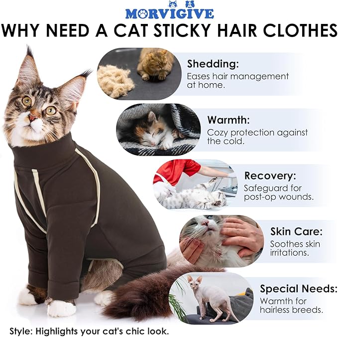 Coffee XXL Cat Recovery Pajamas - Long Sleeve, Prevents Hair Loss, Ideal for Post-Surgery Female Cats