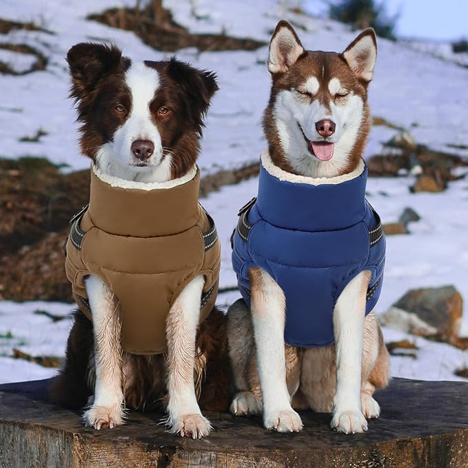 Dog Winter Coat with Harness Built in Warm Puffer Dog Jackets for Small Medium Large Dogs Windproof Waterproof Outfit with Plush Lining and Reflective Stripes (Brown, L)