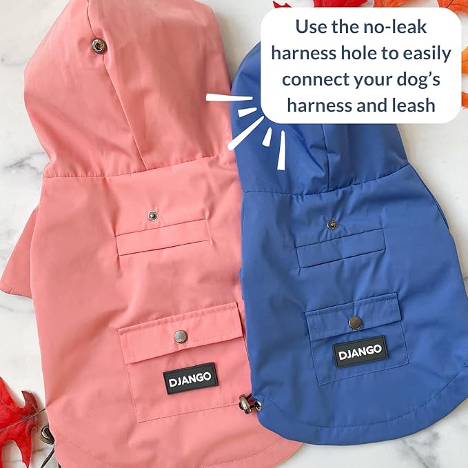 DJANGO Highland Dog Jacket & Raincoat – Water-Repellent, Lined Dog Coat with Hood, Adjustable Fit & Harness Hole – Lightweight Rain & Wind Jacket for Small & Medium Dogs up to 30 lbs (Pink, X-Small)