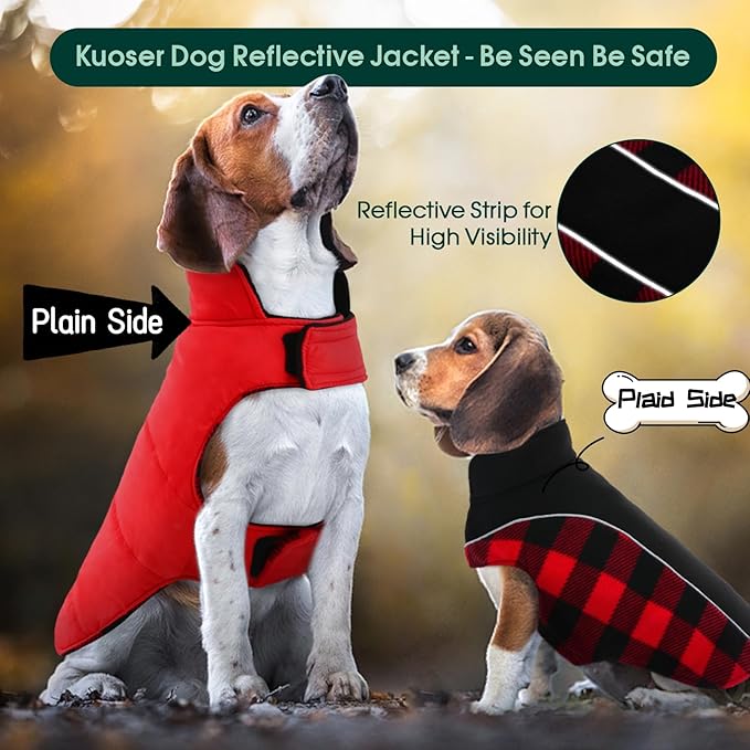 Kuoser Dog Winter Coat, Reversible Waterproof Dog Jacket with Reflective Strip, Warm Dogs Fleece Vest Adjustable Doggy Cold Weather Clothes Plaid Christmas Outfit Pet Apparel for Small Dogs, Red XS