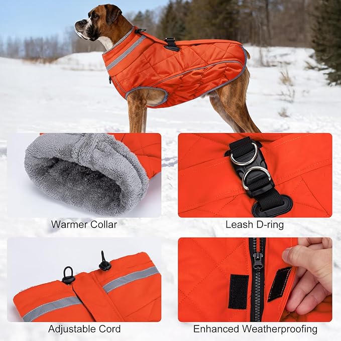 Dog Coat, Warm Dog Winter Coat for Large Dogs, Waterproof Jacket with Harness Built in, Reflective Turtleneck Cold Weather Coats with Zipper,Pet Fleece Vest Snow Jacket, Orange XXL