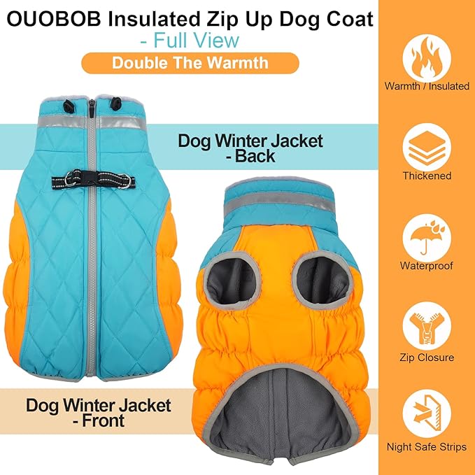 Warm Dog Coats for Large Dogs, Waterproof Dog Jacket with Harness Built in, Zipper Clousure, Fleece Lining, Turtleneck, for Cold Weather, Pet Snowsuit for Border Collie, Golden Retriever- XXL