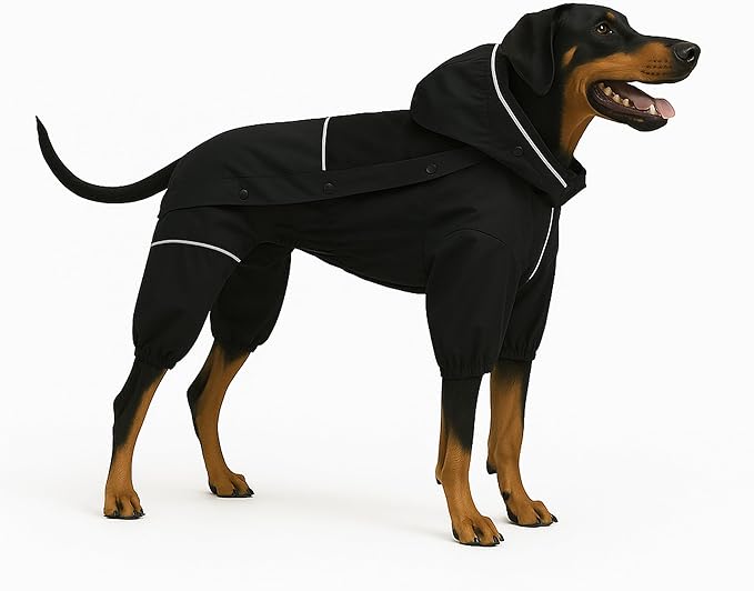 LOVELONGLONG Waterproof Dog Raincoat with Removable Hood – Outdoor Full Body Dog Jacket, Windproof Snowproof Shell Suit – All Season Pet Rain Gear Black L