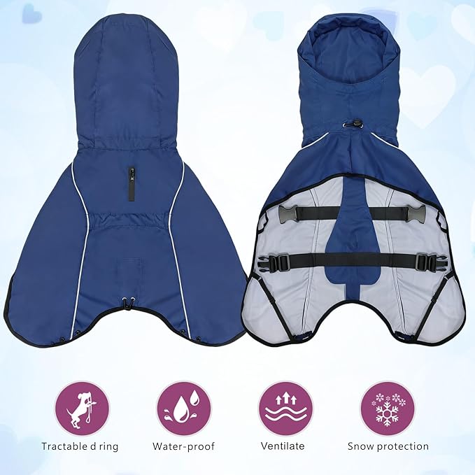 Mosucoirl Dog Raincoat Jacket Reflective Adjustable Hooded Pet Poncho Rain Coats with Leash Hole Waterproof Clothes for Small Medium Large Dogs (NavyBlue, L)