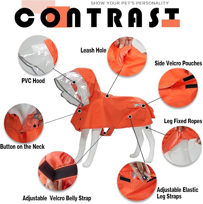 Dog Raincoat,Waterproof Rain Poncho with Hoodie, High Reflective Adjustable Pet Rain Jacket with Leash Hole for Small Medium and Large Dogs (Orange, Small: 9-13lbs)