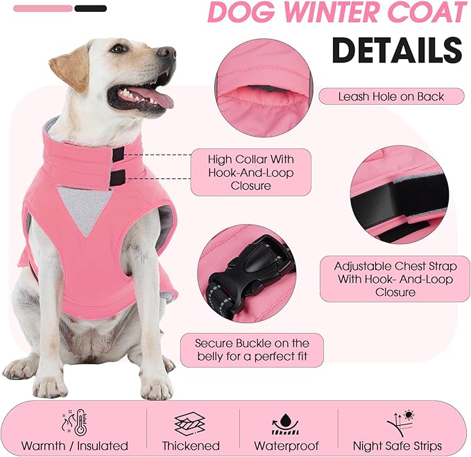 XXL Dog Coat, Warm Dog Winter Jacket, Waterproof Dogs Snowsuit with Foldable High Collar, Reflective Strips, Leash Hole, and Adjustable Hook & Loop Closure - Ideal for Cold Weather - Pink XXL