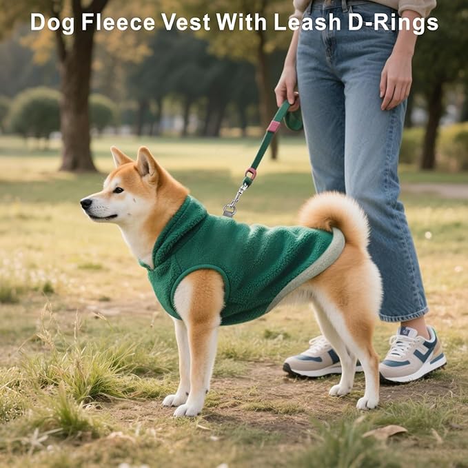 Idepet 2 Pack Dog Fleece Vest Sweater Warm Pullover Jacket with D-Ring Leash Reflective Winter Coat Hoodie for French Bulldog Pug Chihuahuas Yorkies Dachshunds(Dark Green&Grass Green,X-Small)