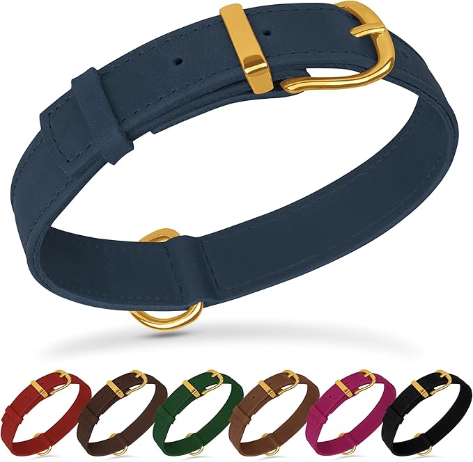 Leather Dog Collar - Heavy Duty Adjustable Soft Padded Pet Collars for Small Medium Large Dogs Breed - Black Green Brown Pink Red Blue (Smoky Blue, S, 9"-12" Neck Fit)
