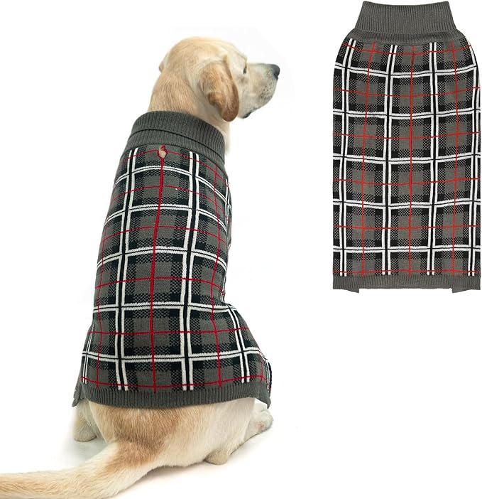 PUPTECK Dog Sweaters for Large Medium Small Dogs - Fall Classic Plaid Style Puppy Holiday Winter Coat Clothes Warm, Grey, L