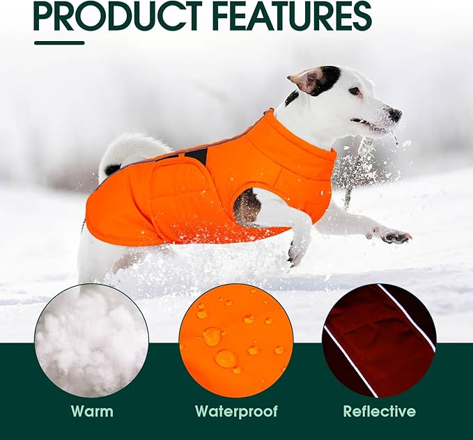 Kuoser Large Dog Coat, Winter Waterproof Dog Jackets for Large Dogs, Reflective Doggie Vest with Leash Hole, Cold Weather Coats Pet Snow Jacket for Labrador Beagle, Orange XXL