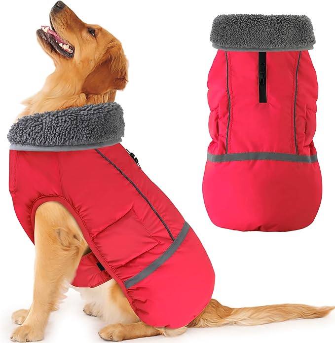 Dogcheer Warm Dog Coat, Christmas Dog Jacket Waterproof Puppy Winter Coat with Buckles, Reflective Adjustable Pet Snow Jacket Turtleneck Fleece Sweater for Small Medium Large Dogs - Red, 2XL