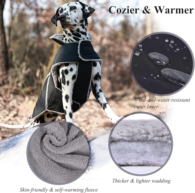 VIVAGLORY Frostfit Dog Coat, Dog Jacket for Winter & Cold Weather, Warm Fluffy Fleece Lined Water Resistant Reflective for Puppy, Coat with Velcro Fastening & Leash Hole, XS, Black