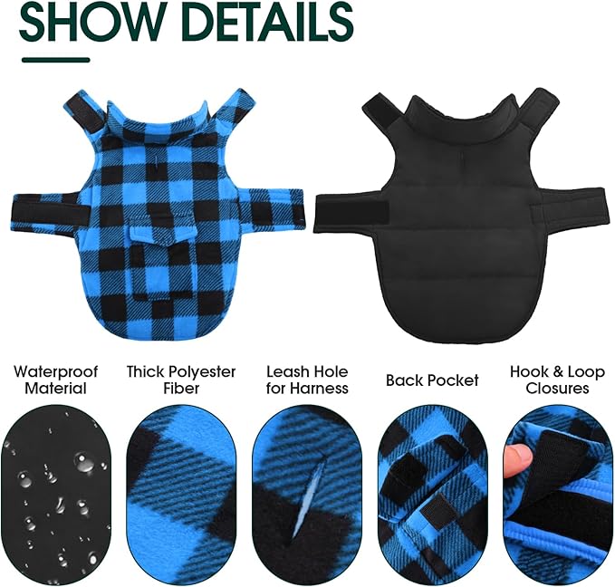 Kuoser Dog Winter Coat, Windproof Dog Fleece Jacket British Style Plaid Cold Weather Doggie Vest Coats, Reversible Cozy Warm Pet Clothes Apparel for Extra Large Size Dogs XXXL