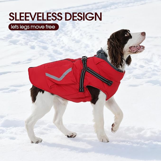 FUAMEY Dog Winter Coat Waterproof, Warm Fleece Lined Jacket for Dogs, Extra Large Goggie Vest with Harness Built in, Pet Cold Weather Coats Doggy Outfits Back Zipper, Border Collie (Red, 2XL)