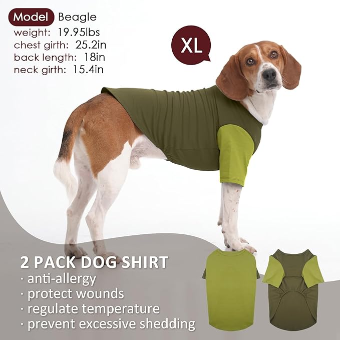 2 Pack Large Dog Shirts for Summer - Stretchy Breathable Cotton Dogs T-Shirt, Protect Skin Easy On and Off Dogs Clothes for French Bulldog, Pug, Daily Wear, Park, Travel, Beach Trips, Green
