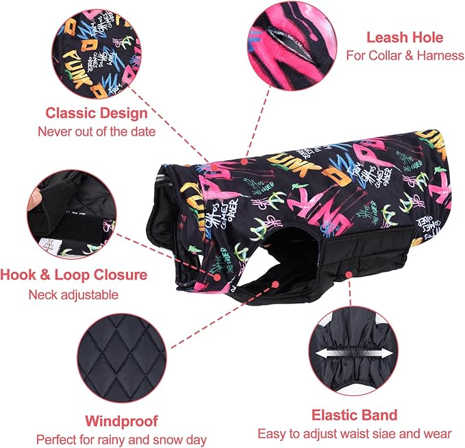 GMF31XL Winter Dog Jacket - Waterproof & Windproof, Reversible & Adjustable, Soft Coat for Small to Large Dogs with Leash Hole