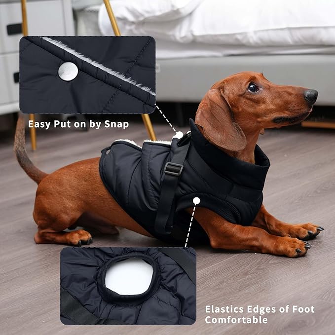 Dog Jacket with Harness,Fleece Lined Warm Puppy Coat for Winter,Soft Windproof Small Dog Vest,Black S